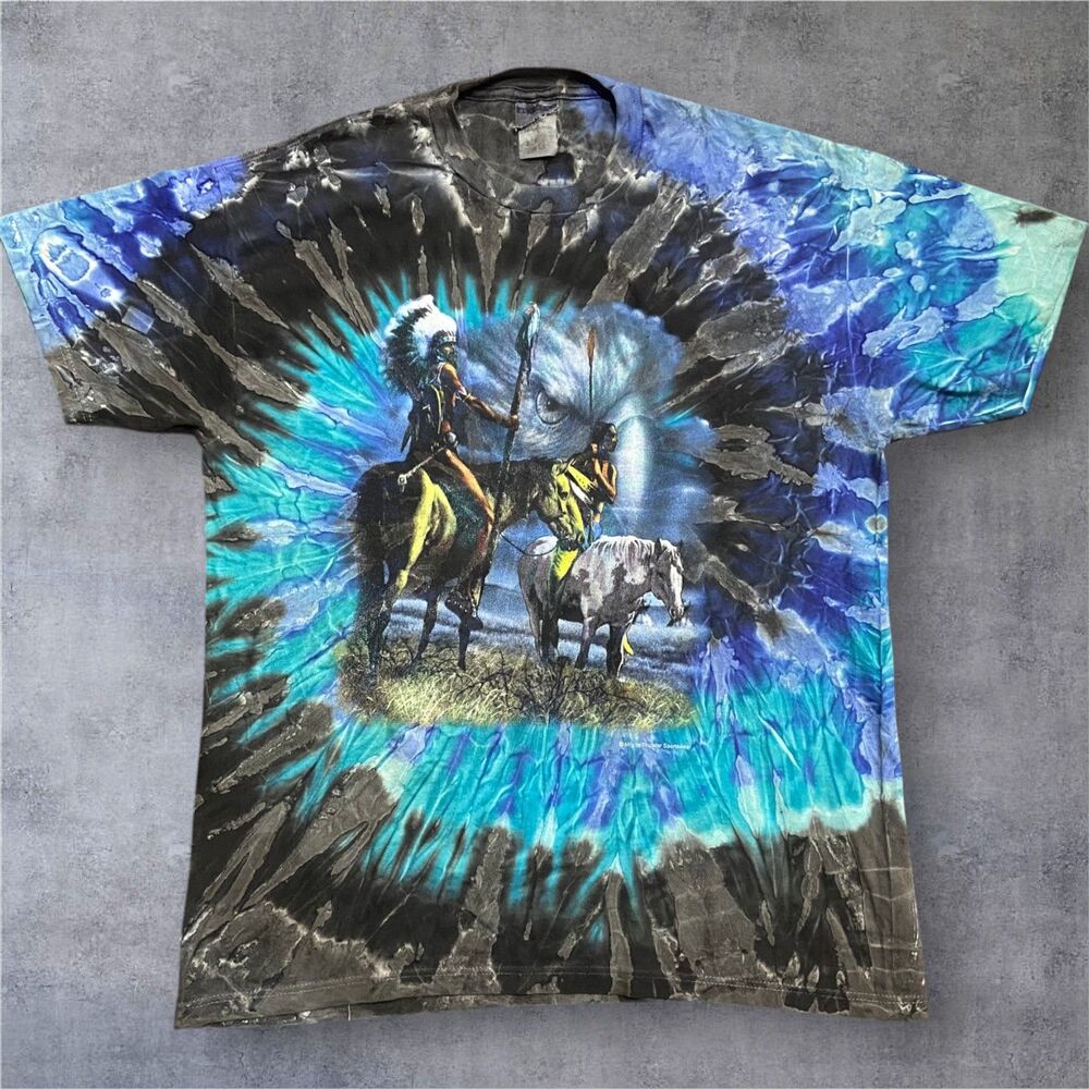 Jerzees Vintage Native American Eagle Tye Dye Spiral Blue Black Mens Size Large